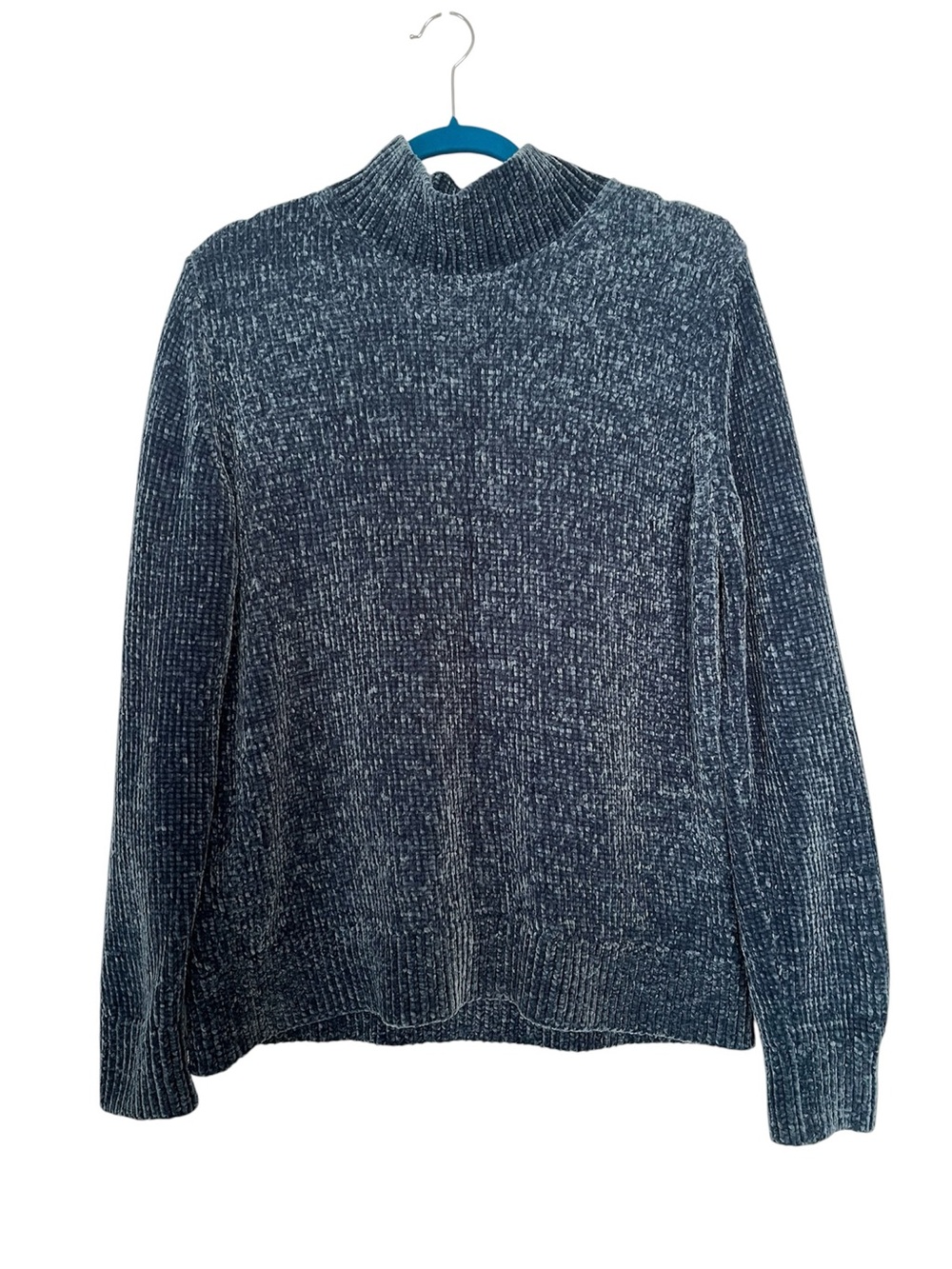 COS SzL Heathered Teal/Navy Mock Neck Chunky Sweater, Back Exposed Zipper